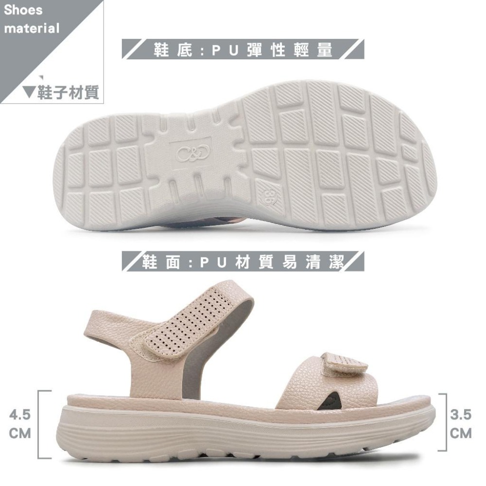 C&D 女鞋 魔鬼氈PU皮革彈性緩震厚底舒適涼鞋 C-1293-細節圖6