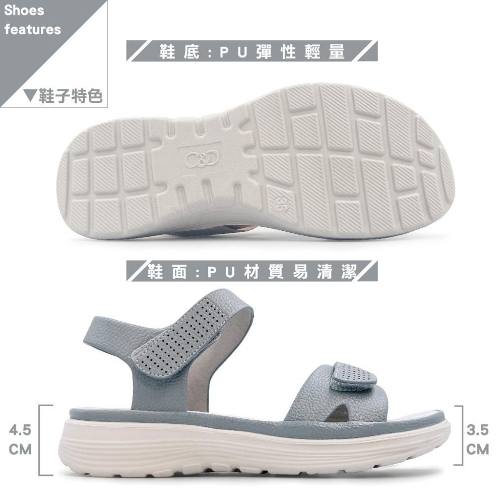 C&D 女鞋 魔鬼氈PU皮革彈性緩震厚底舒適涼鞋 C-1293-細節圖7