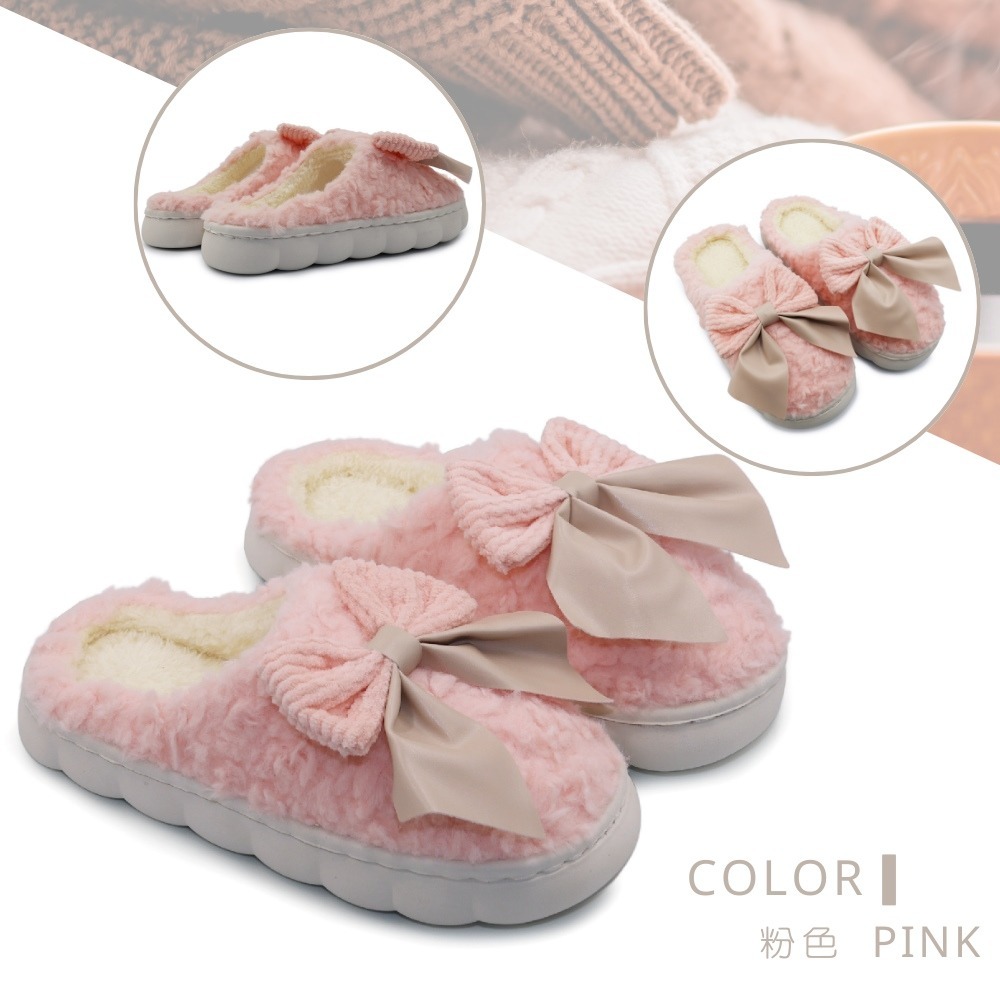 C&D 女拖鞋 大蝴蝶結絨毛保暖棉拖鞋 居家拖鞋 A416 A418-細節圖3