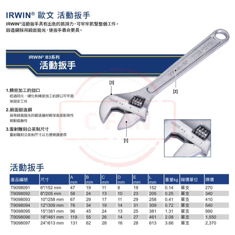 美國 握手牌 IRWIN 10＂ 活動扳手 T9098093-細節圖2