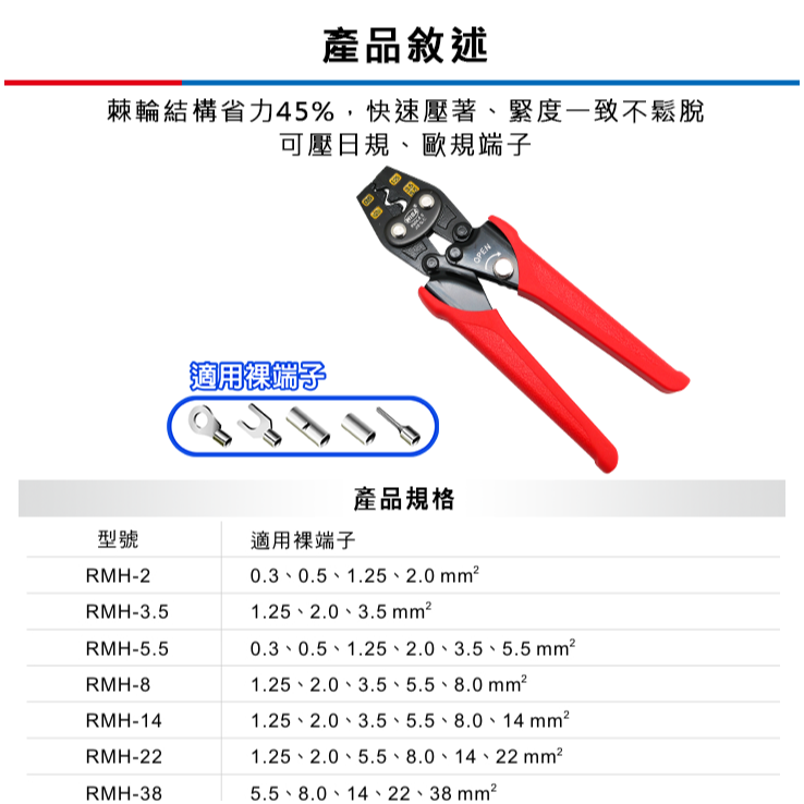 WIGA 棘輪單點式電纜壓著鉗 0.3~5.5mm² 全長175mm RMH-5.5 壓著端子鉗-細節圖3