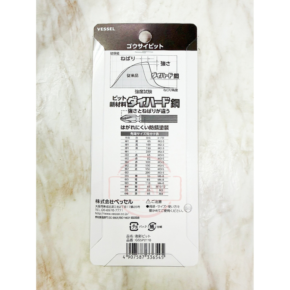 日本製 VESSEL 剛彩 防鏽 高硬度 雙頭起子頭 起子頭 GS5P2110 十字 PH2×110mm 5支 / 單支-細節圖2