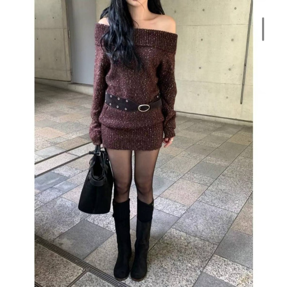 Twins 🇰🇷 韓國代購 東大門 正韓 雪花感寬領連身針織短裙-細節圖3