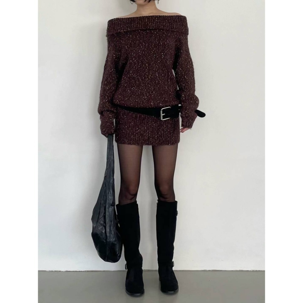 Twins 🇰🇷 韓國代購 東大門 正韓 雪花感寬領連身針織短裙-細節圖5