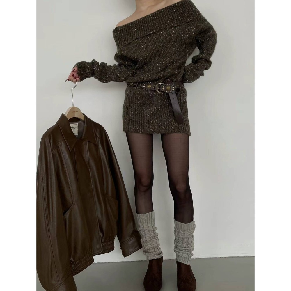 Twins 🇰🇷 韓國代購 東大門 正韓 雪花感寬領連身針織短裙-細節圖6