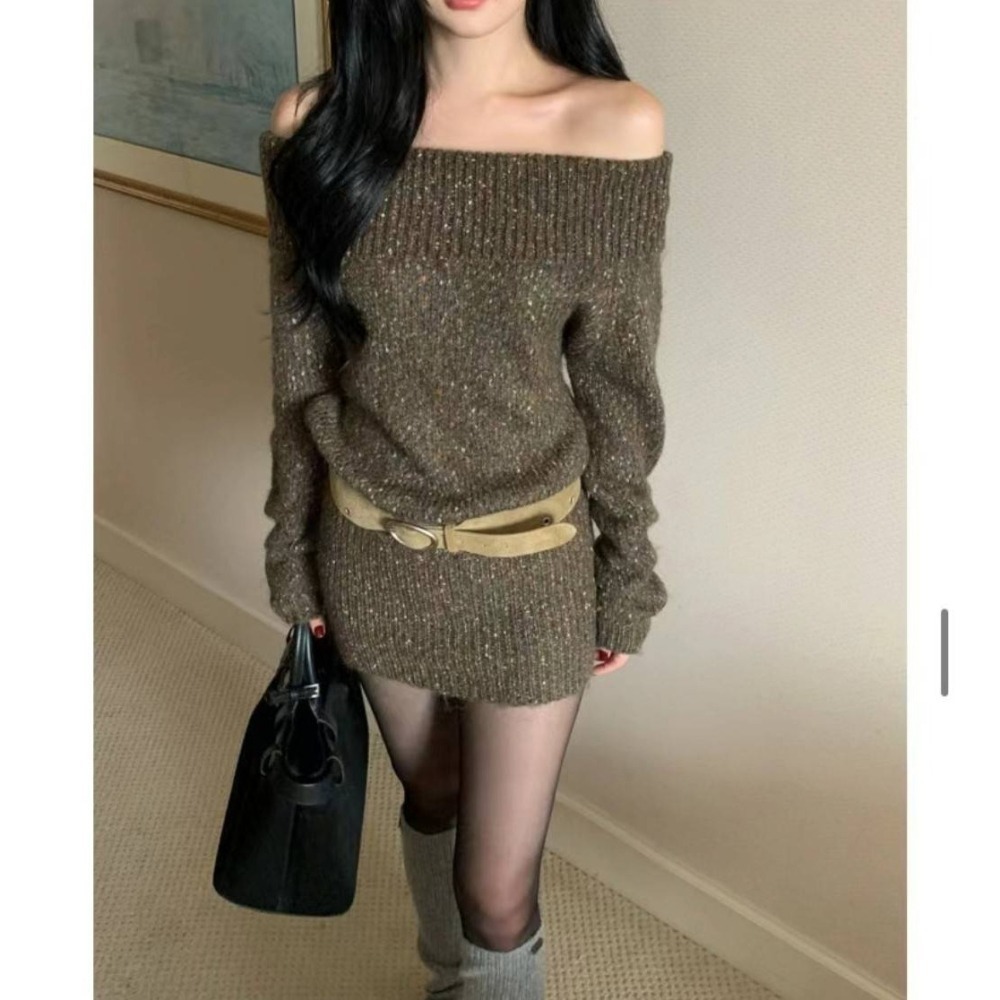 Twins 🇰🇷 韓國代購 東大門 正韓 雪花感寬領連身針織短裙-細節圖10