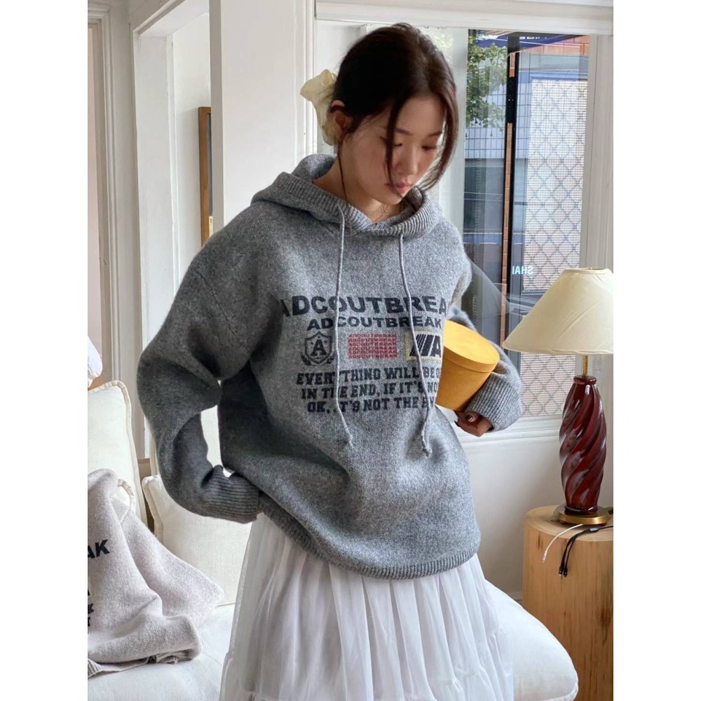 Twins 🇰🇷 韓國代購 東大門 正韓 羊毛字母印花連帽長版上衣-細節圖6