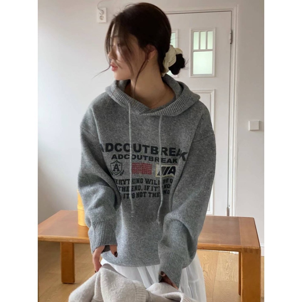 Twins 🇰🇷 韓國代購 東大門 正韓 羊毛字母印花連帽長版上衣-細節圖8