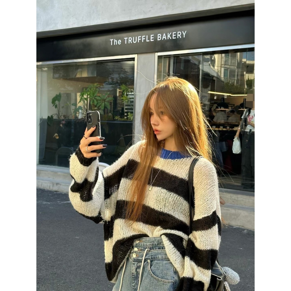 Twins 🇰🇷 韓國代購 東大門 正韓 撞色條紋下半身失蹤長版毛衣-細節圖4