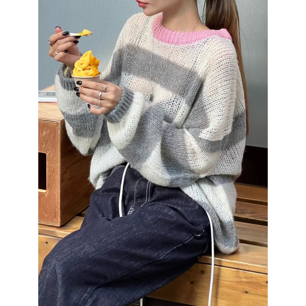 Twins 🇰🇷 韓國代購 東大門 正韓 撞色條紋下半身失蹤長版毛衣-細節圖8