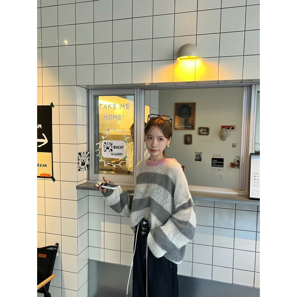 Twins 🇰🇷 韓國代購 東大門 正韓 撞色條紋下半身失蹤長版毛衣-細節圖9