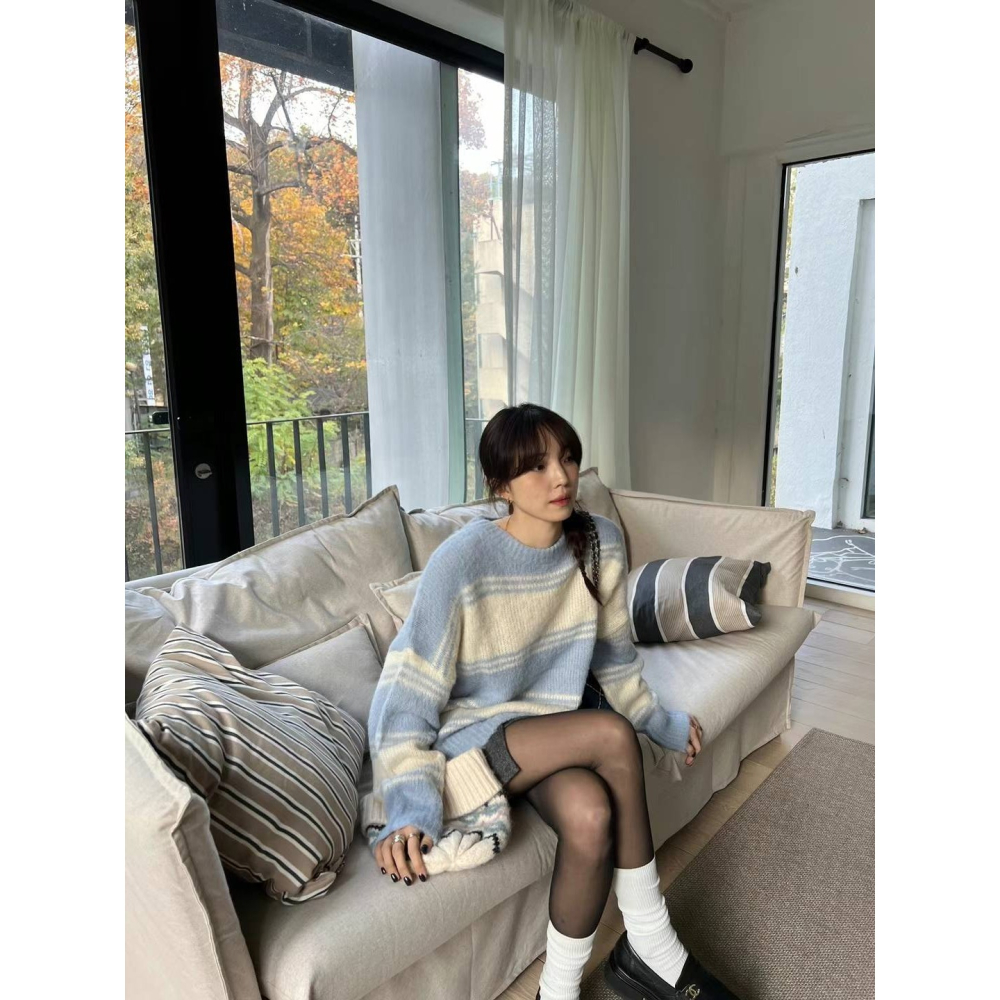 Twins 🇰🇷 韓國代購 東大門 正韓 條紋圓領長袖毛衣-細節圖4