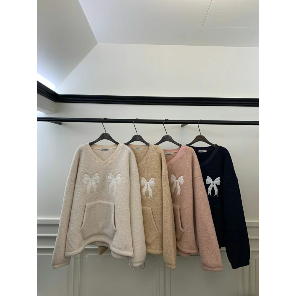 Twins 🇰🇷 韓國代購 東大門 正韓 羔毛V領蝴蝶結毛衣-細節圖9