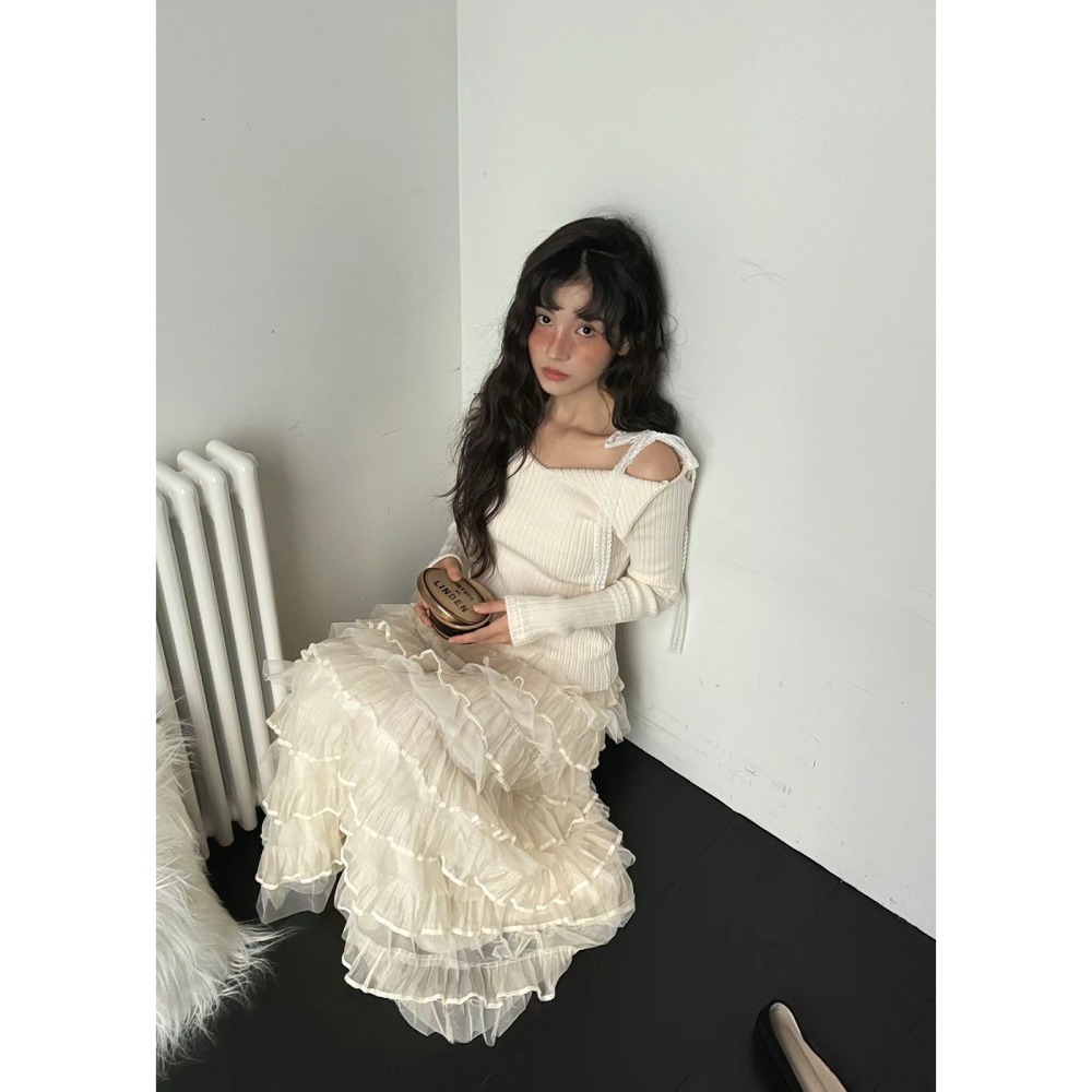 Twins 🇰🇷 韓國代購 東大門 正韓 蕾絲綁帶V領螺紋長袖上衣-細節圖4