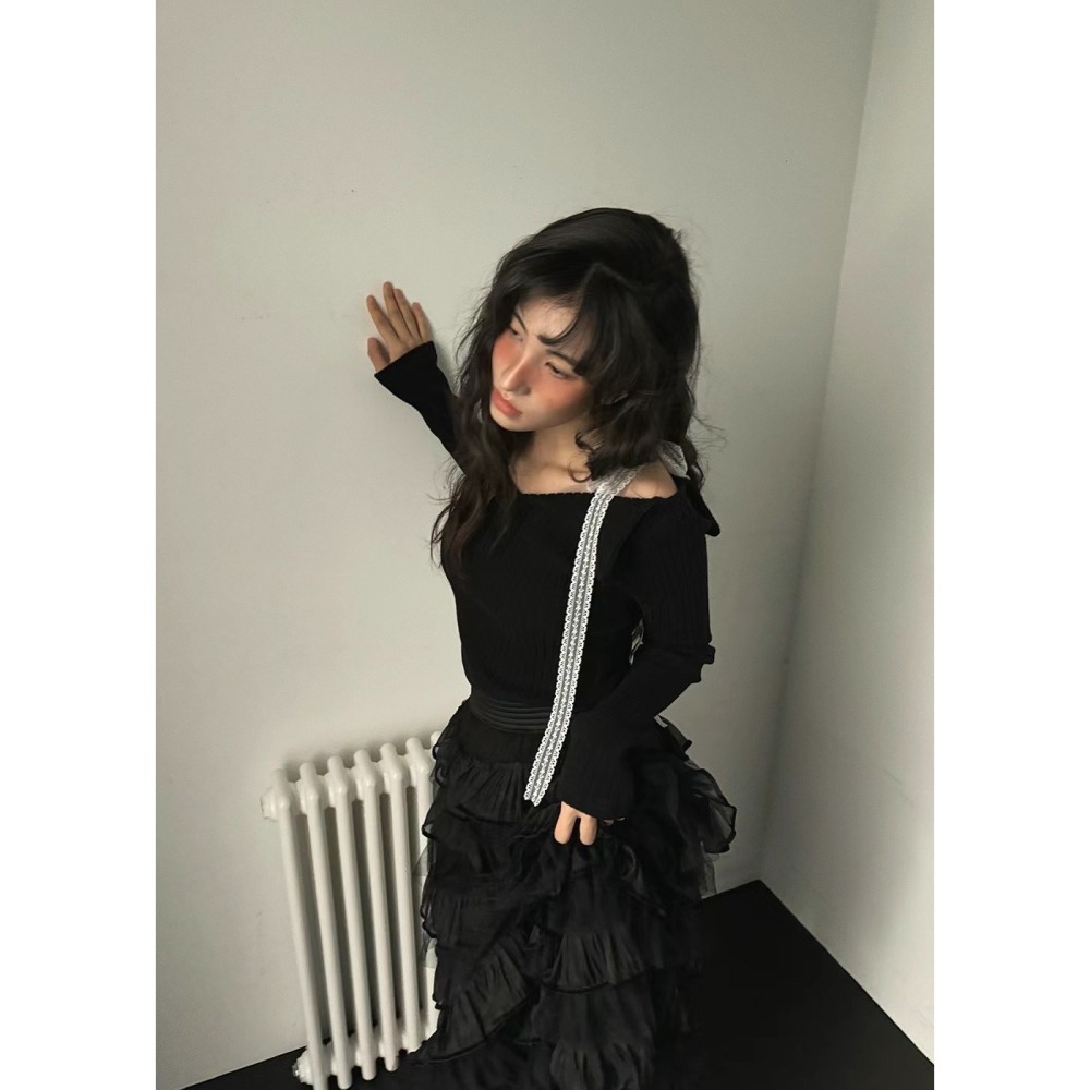 Twins 🇰🇷 韓國代購 東大門 正韓 蕾絲綁帶V領螺紋長袖上衣-細節圖8