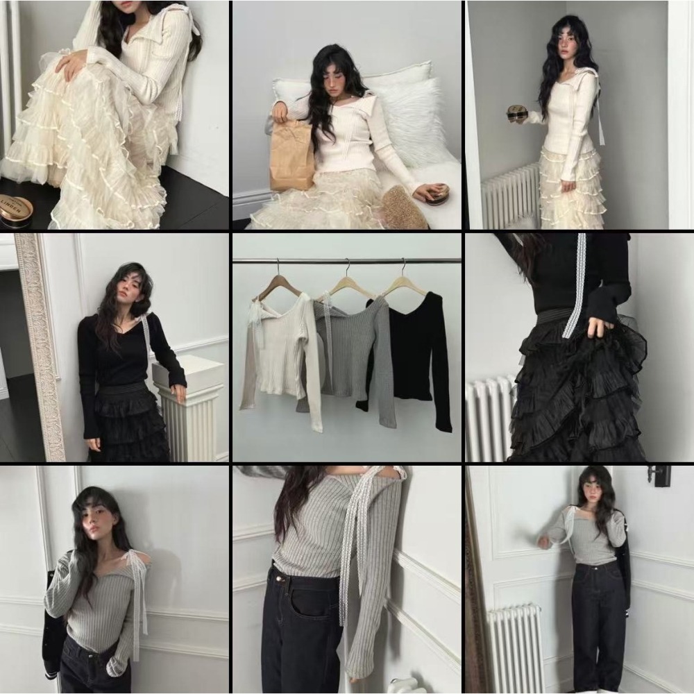 Twins 🇰🇷 韓國代購 東大門 正韓 蕾絲綁帶V領螺紋長袖上衣-細節圖11