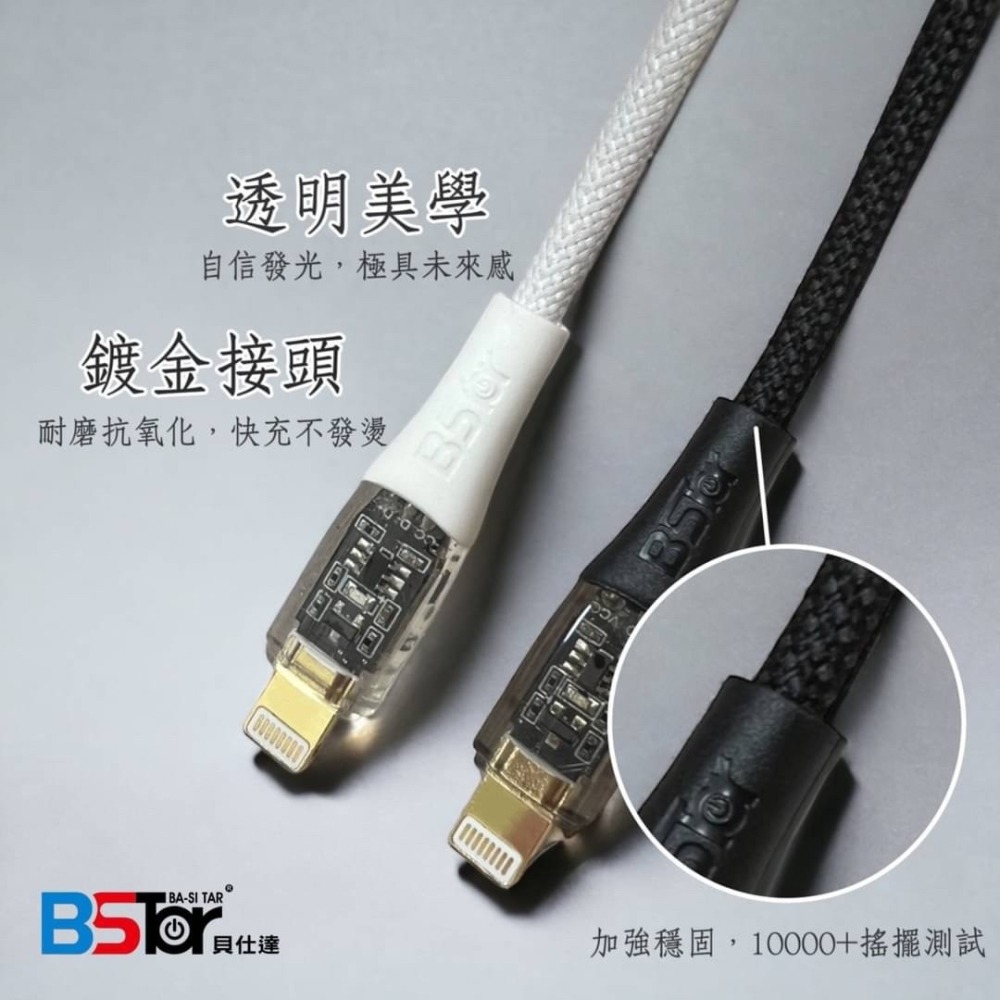 【BSTar】透明發光PD快充線 C to C 100w / C to Lightning 30w 數據線 鍍金接頭-細節圖3