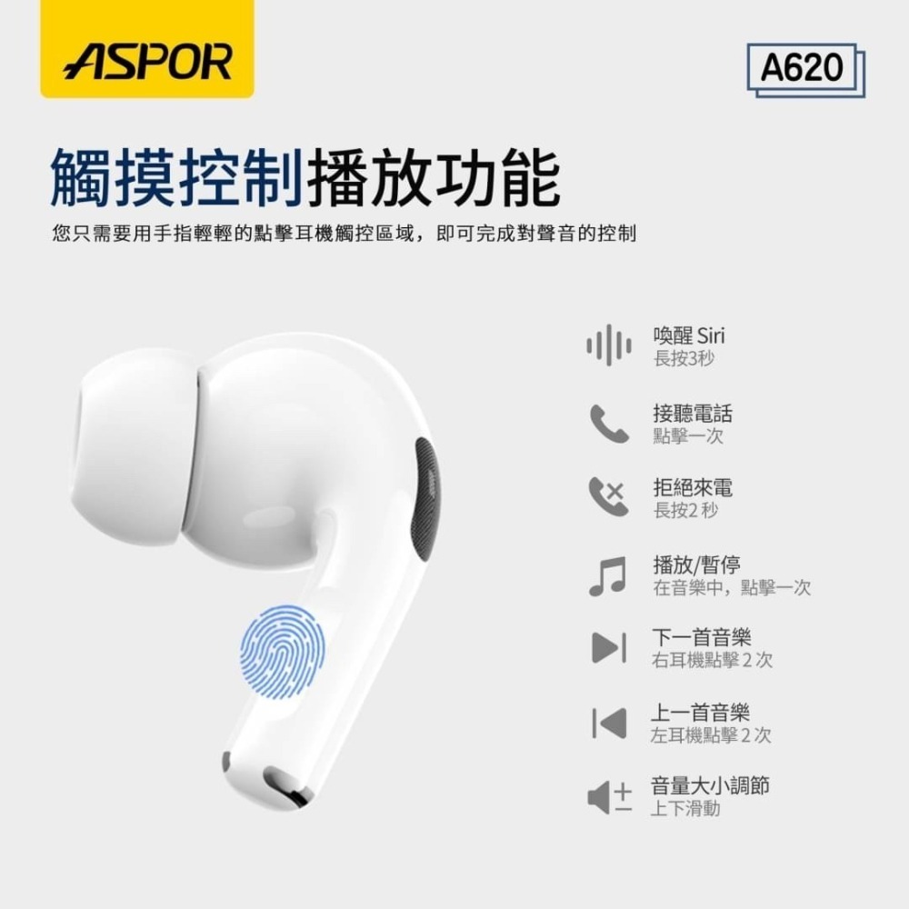 NCC認證【ASPOR】 五代 無線藍芽耳機 主動降噪 指紋感應 無線充電 A620-細節圖5