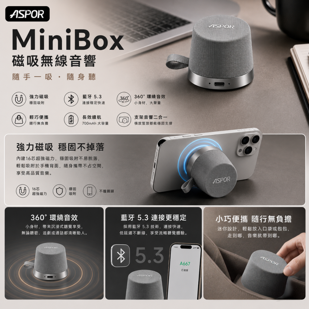 【ASPOR】A667 MiniBox 磁吸無線音響-細節圖3