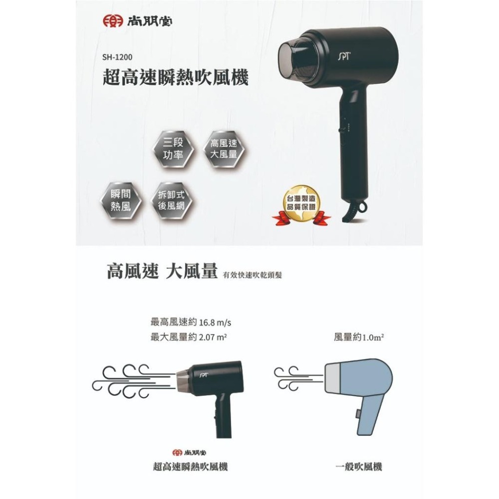尚朋堂 超高速瞬熱吹風機 SH-1200-細節圖2