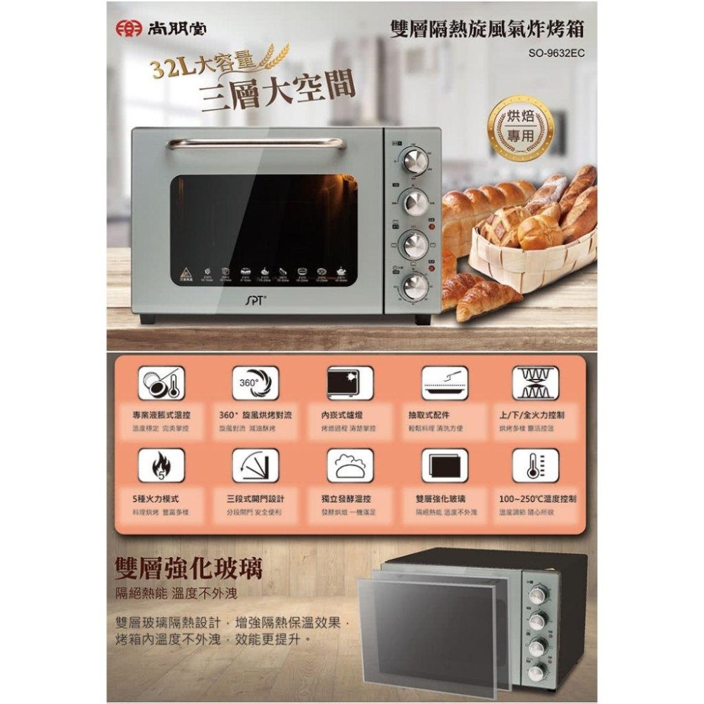 尚朋堂 32L雙層鏡面旋風氣炸烤箱 SO-9632EC-細節圖2