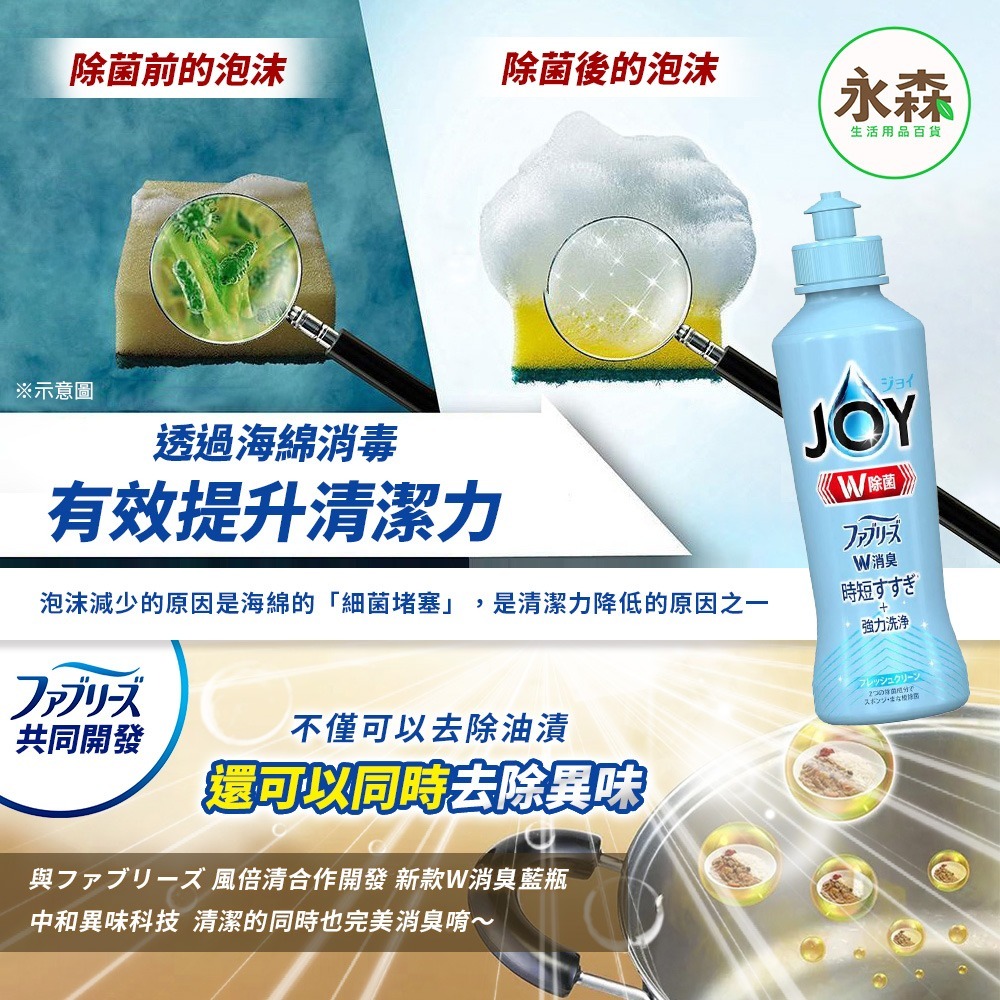 日本 P&G寶僑 JOY 濃縮洗碗精 輕巧型 瓶裝 170ml W除菌 W消臭 速淨除油 微香 綠茶 檸檬 柑橘 薄菏-細節圖3