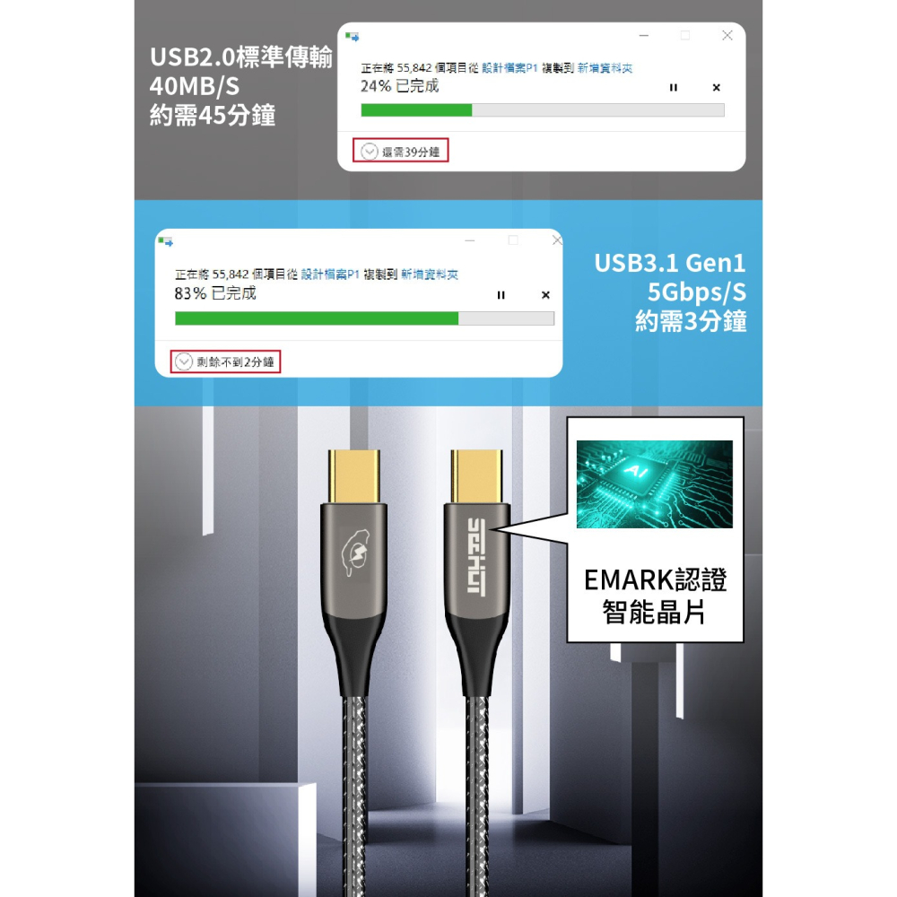 SEEHOT 快充線 Type-C to C 100W 1.5米 PD充電傳輸線 黑色 SC-CC913K-細節圖7