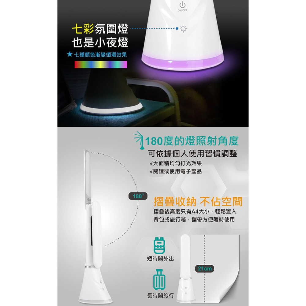 iSee 萬年曆摺疊觸控LED護眼檯燈 二鍵觸控式開關 檯燈+夜燈2合一 USB充電 戶外3~6小時續航 戶外停電必備-細節圖5