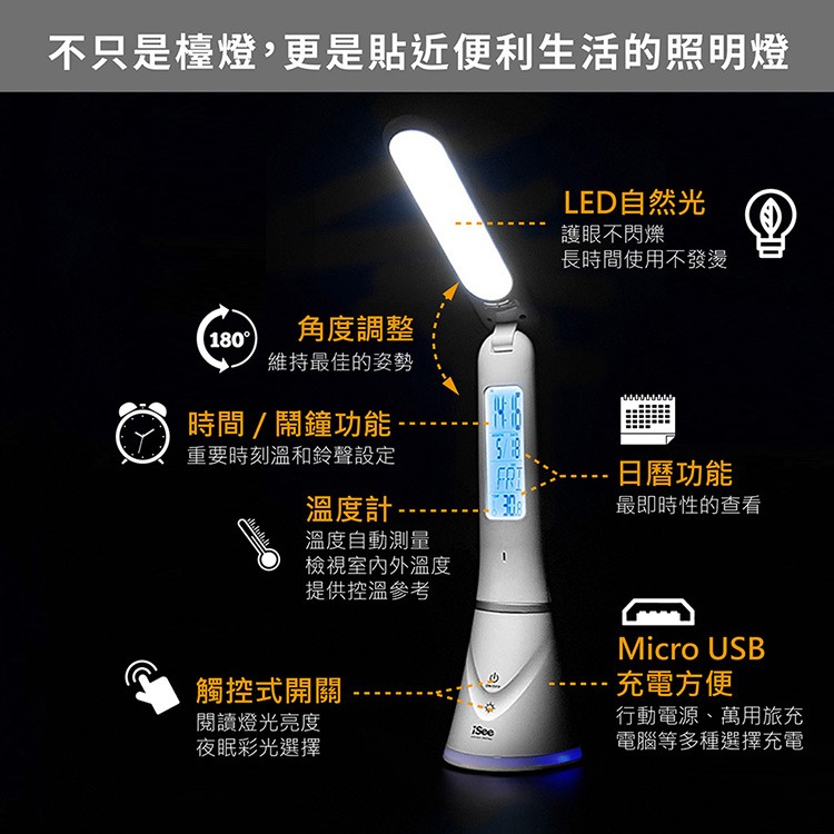 iSee 萬年曆摺疊觸控LED護眼檯燈 二鍵觸控式開關 檯燈+夜燈2合一 USB充電 戶外3~6小時續航 戶外停電必備-細節圖9