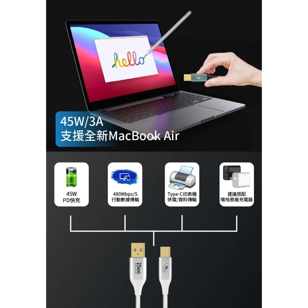 iSee 快充線 充電線 Type-A to C 45W 2.5米 鋁合金PD充電傳輸線 高密度編織 IC-AC678-細節圖9