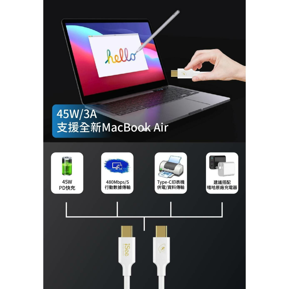 iSee 快充線 Type-C 2.5米 45W PD充電傳輸線 (IC-CC758) 3A/45W強電流 高品質線材-細節圖10