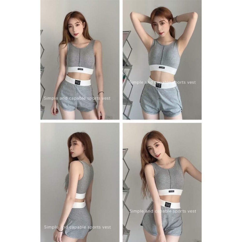 【LYOVEA】韓版女性運動套裝 帶胸墊背心短褲 瑜伽健身服 灰黑兩色-細節圖3