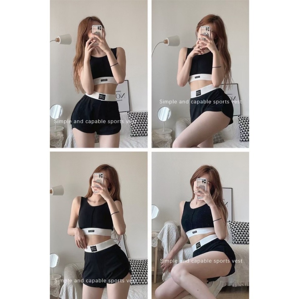 【LYOVEA】韓版女性運動套裝 帶胸墊背心短褲 瑜伽健身服 灰黑兩色-細節圖4