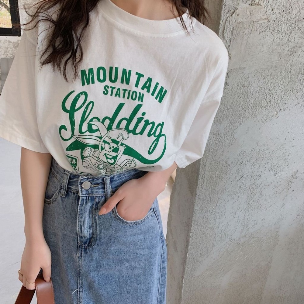 【LYOVEA】新款韓版百搭可愛印花短袖T恤 復古雪橇滑雪主題寬鬆女tee-細節圖4