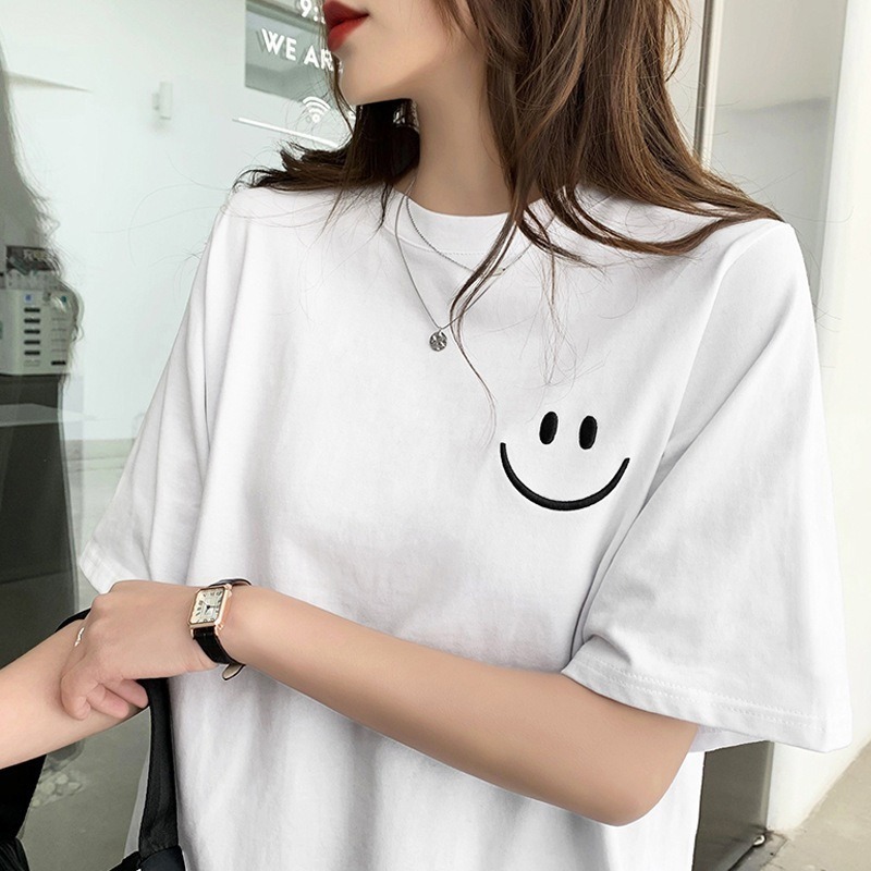 【LYOVEA】新款韓版可愛微笑臉印花短袖T恤 女性百搭休閒上衣-細節圖2