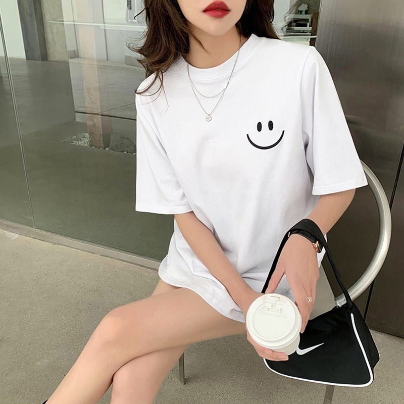 【LYOVEA】新款韓版可愛微笑臉印花短袖T恤 女性百搭休閒上衣-細節圖3