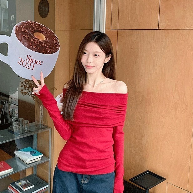 【LYOVEA】韓版露肩螺紋一字肩長袖上衣-細節圖5