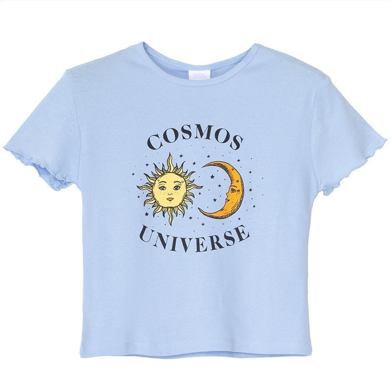 【LYOVEA】韓版可愛印花短袖T恤 宇宙蝴蝶雛菊圖案Crop Top-規格圖4