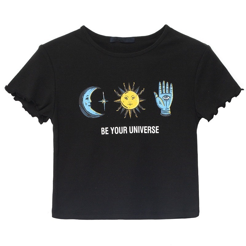 【LYOVEA】韓版可愛印花短袖T恤 宇宙蝴蝶雛菊圖案Crop Top-規格圖4