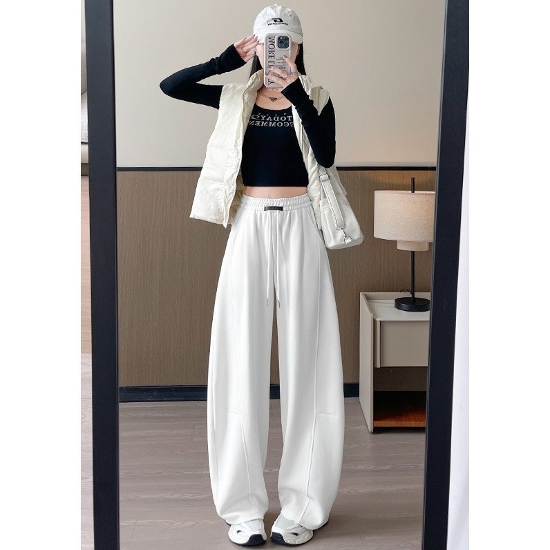 【LYOVEA】韓版休閒寬鬆修身流線高腰 女款彎刀褲-細節圖2