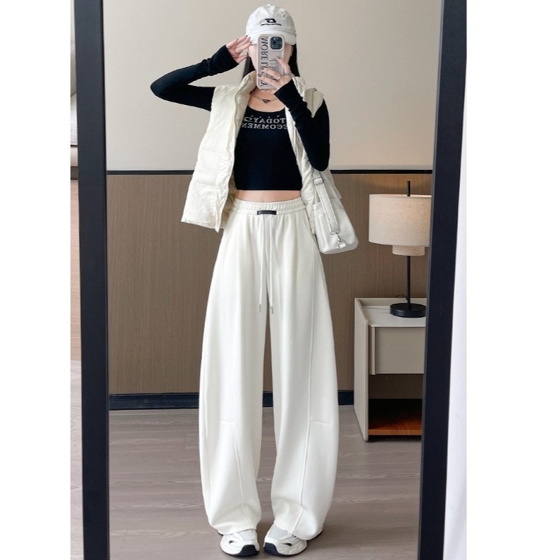 【LYOVEA】韓版休閒寬鬆修身流線高腰 女款彎刀褲-細節圖3