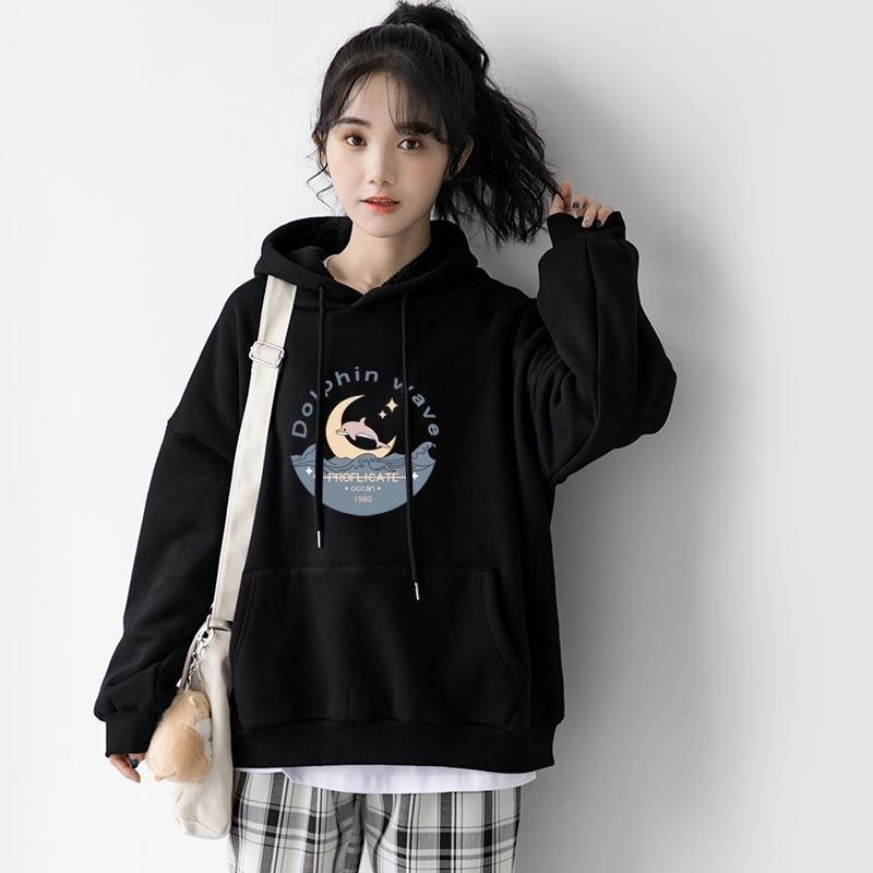 【LYOVEA】可愛dolphin連帽T 女生寬鬆大學T 星空海豚設計 舒適穿搭-規格圖4