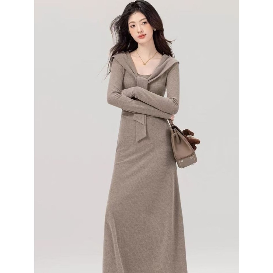 【LYOVEA】韓版氣質休閒收腰設計感連身裙 (不含披肩)-細節圖2