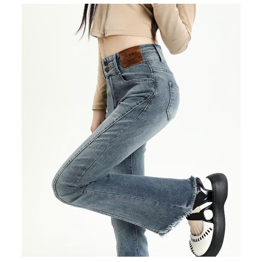 【LYOVEA】韓系高腰 新款修身顯瘦微喇叭牛仔褲-細節圖2