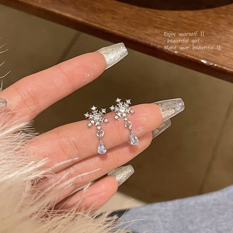 【LYOVEA】 S925銀針耳環 冰晶雪花垂墜耳環-細節圖4