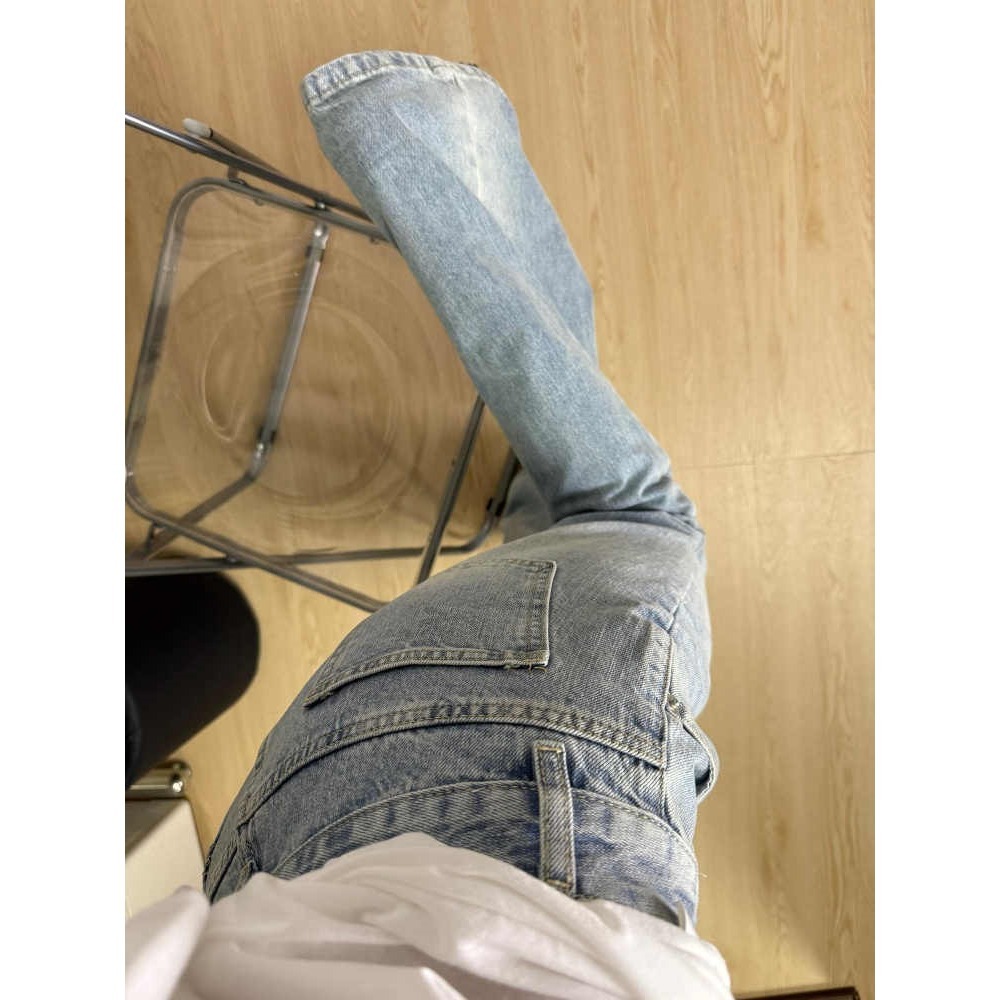 【LYOVEA】美式街頭小眾設計款！淺藍水洗蕾絲拼接低腰微喇叭褲-細節圖4