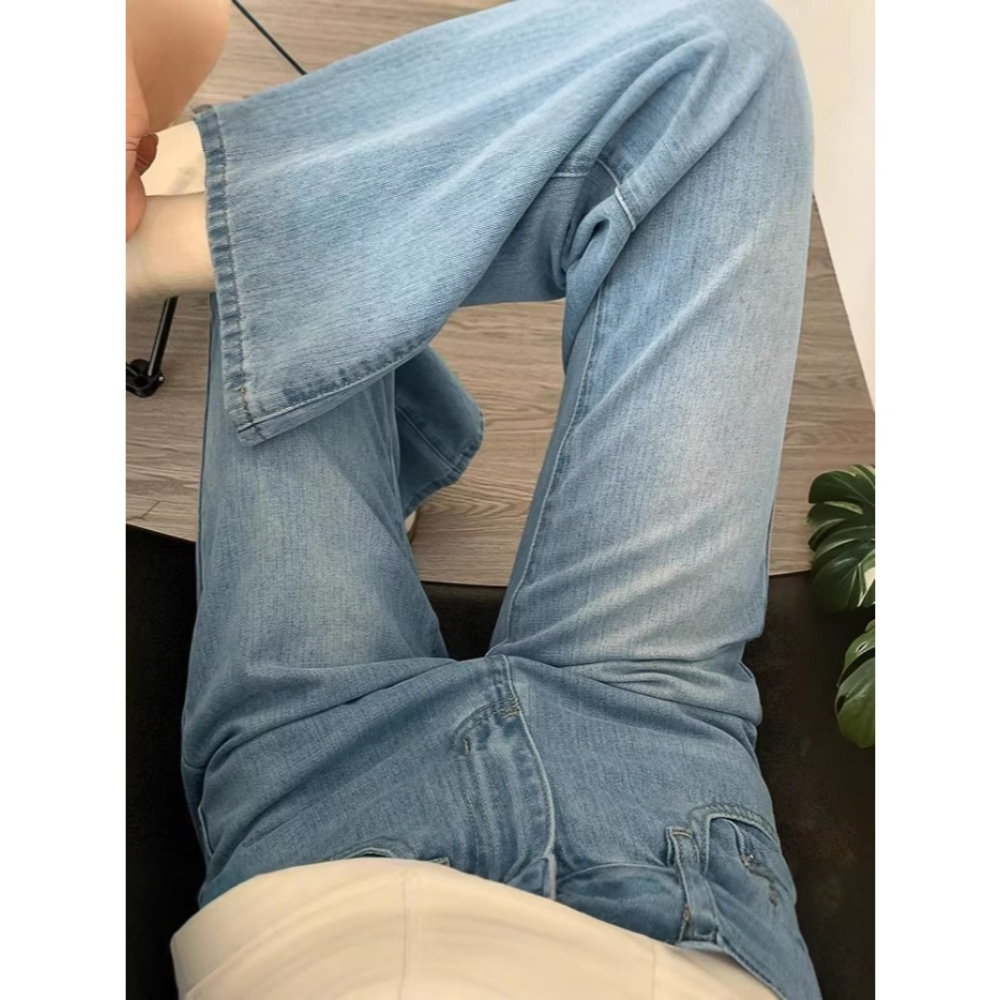 【LYOVEA】高腰微喇彎刀牛仔褲 弧形剪裁 顯腿長 彎刀褲 窄管褲 寬褲 直筒褲 喇叭褲 Y2K 長褲-細節圖3