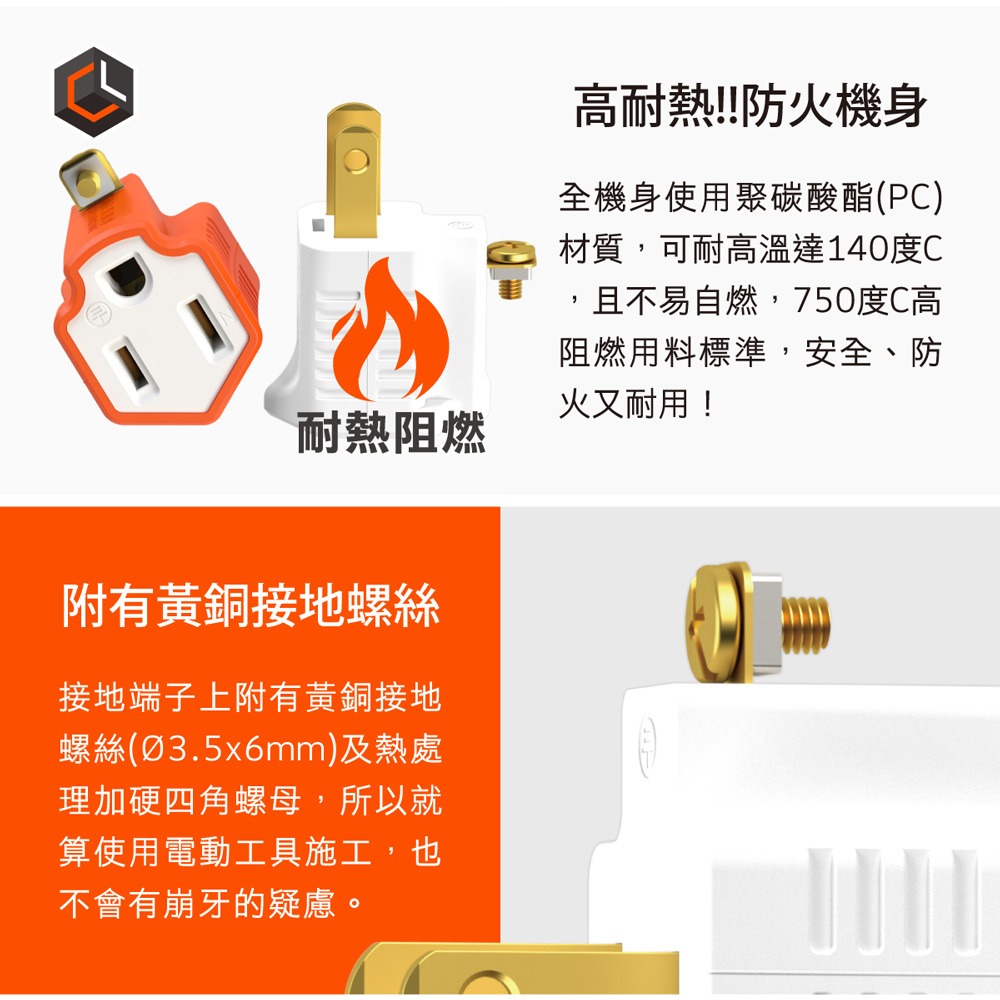 CHANGLU 台灣製造 3變2轉接插頭(橘）-細節圖5