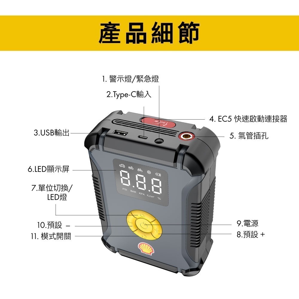 Shell 殼牌4合1汽車急救電源打氣機(高配版) AC002JP-細節圖8