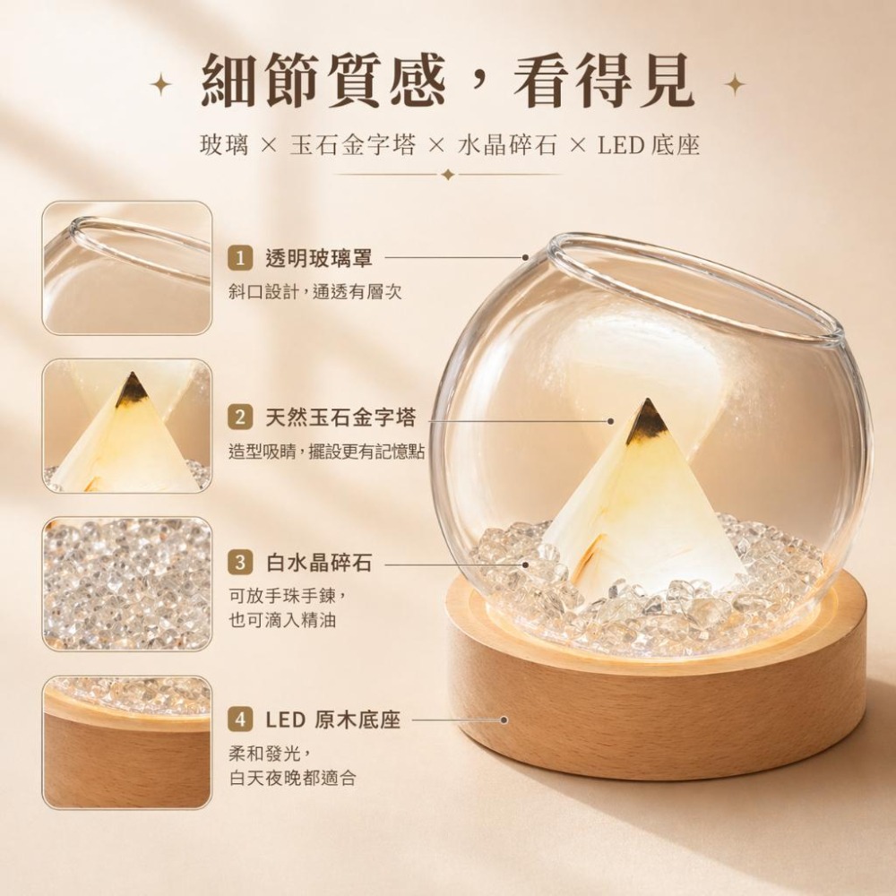 輝輝居家｜金字塔水晶擴香燈 LED夜燈 玻璃擺件 桌面香氛小物 手珠手鍊收納 送禮擺飾-細節圖7